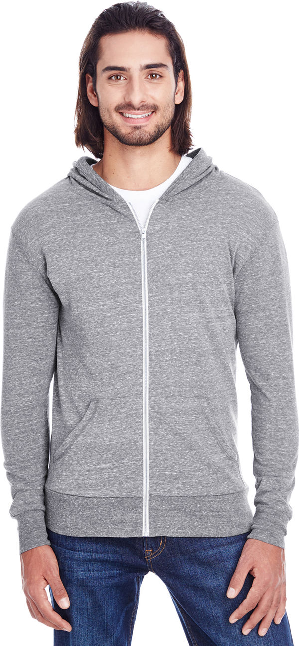 Am image of a Custom Threadfast Unisex Triblend Full Zip Light Hoodie in Grey Triblend!
