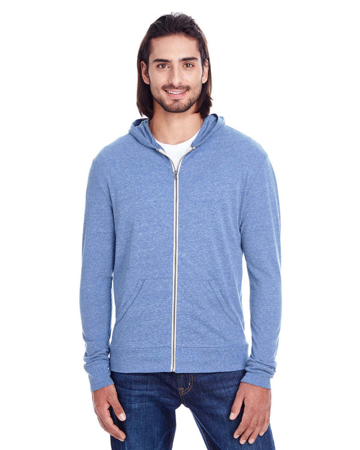 Threadfast Unisex Triblend Full Zip Light Hoodie in Navy Triblend