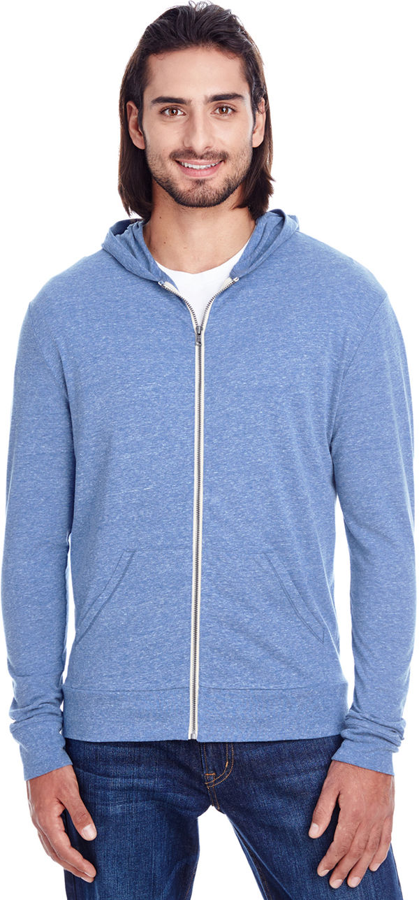 Am image of a Custom Threadfast Unisex Triblend Full Zip Light Hoodie in Navy Triblend!