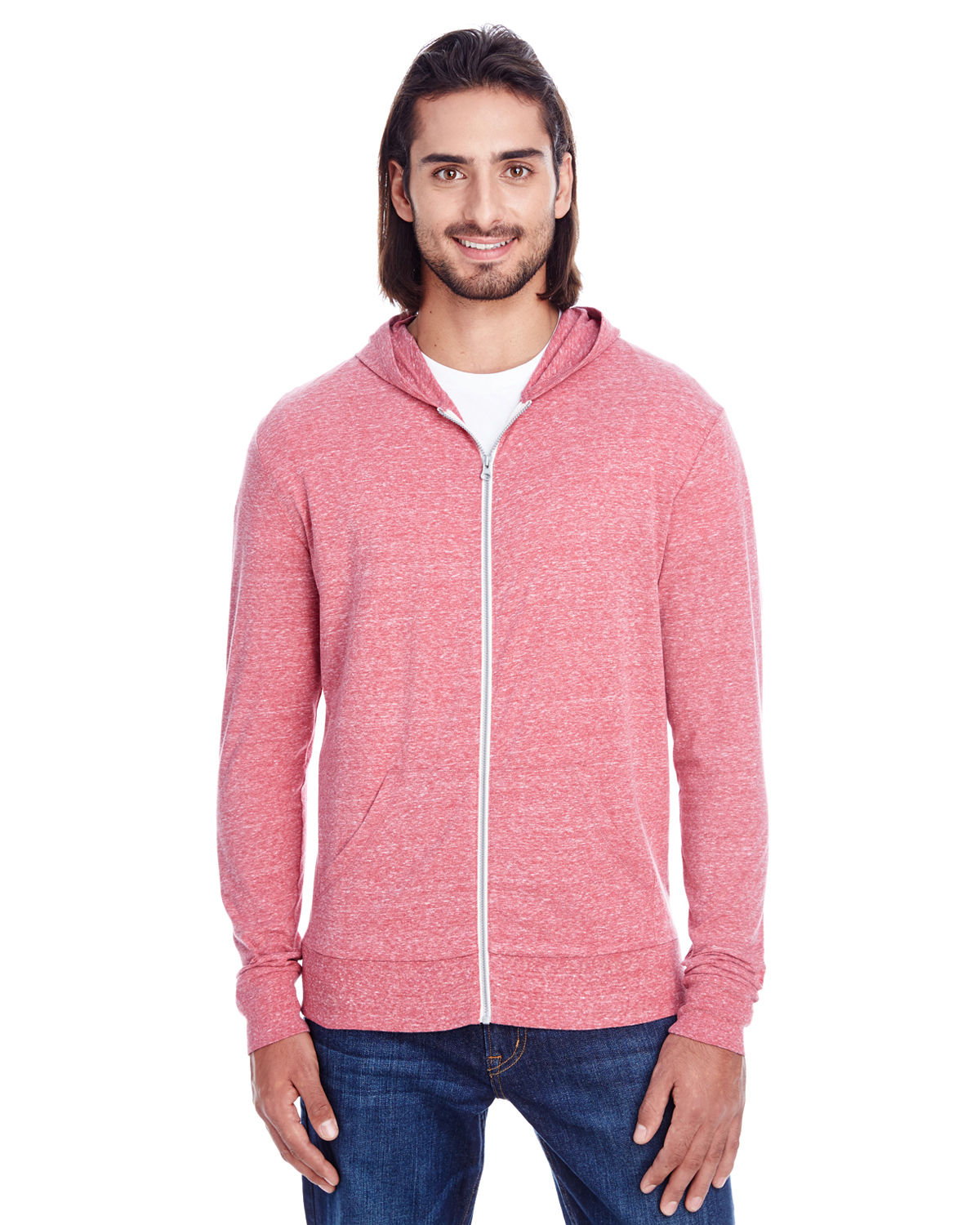 Threadfast Unisex Triblend Full Zip Light Hoodie in Red Triblend