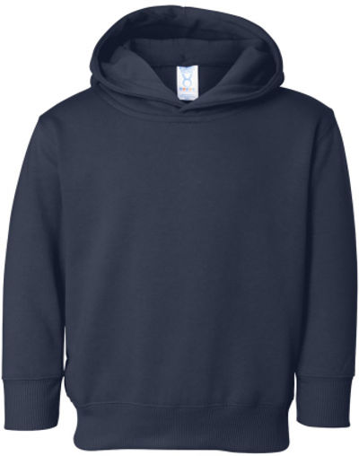 Am image of a Custom Rabbit Skins Toddler Pullover Fleece Hoodie in Navy!