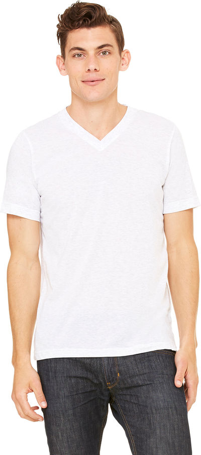 Am image of a Custom Bella and Canvas Unisex Triblend V Neck T Shirt in Wht Flck Triblnd!