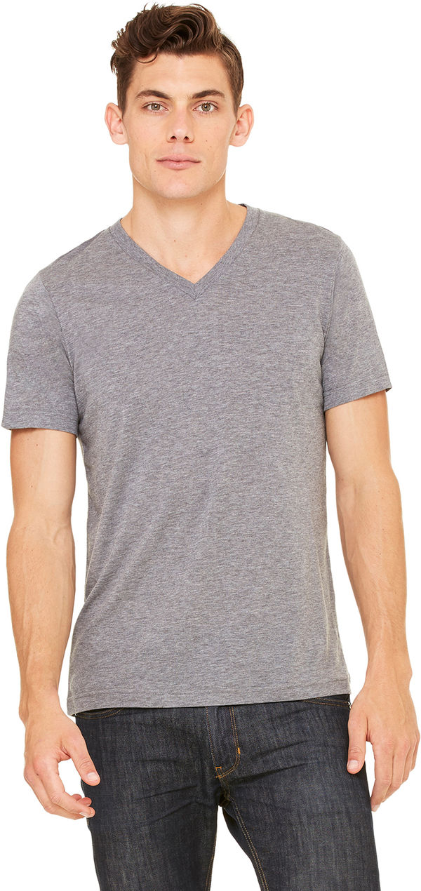 Am image of a Custom Bella and Canvas Unisex Triblend V Neck T Shirt in Grey Triblend!