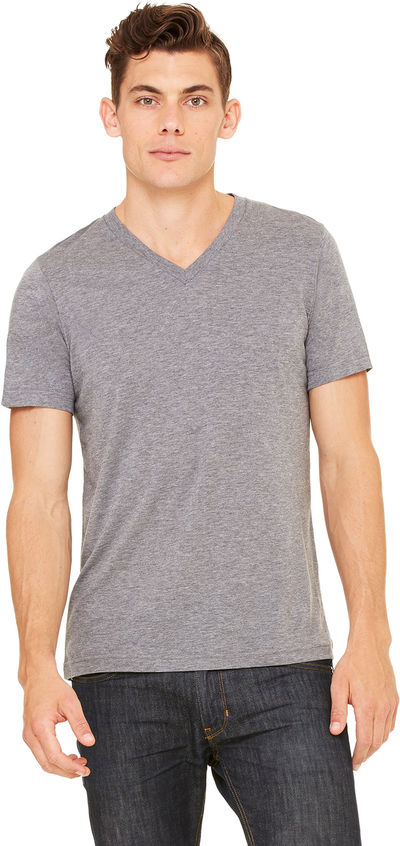 Am image of a Custom Bella and Canvas Unisex Triblend V Neck T Shirt in Grey Triblend!