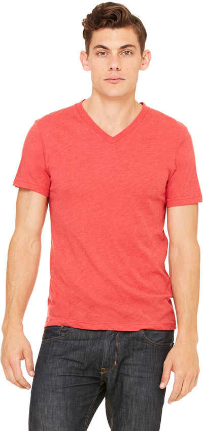 Am image of a Custom Bella and Canvas Unisex Triblend V Neck T Shirt in Red Triblend!