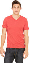 Am image of a Custom Bella and Canvas Unisex Triblend V Neck T Shirt in Red Triblend!