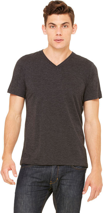 Am image of a Custom Bella and Canvas Unisex Triblend V Neck T Shirt in Char-black Trib!