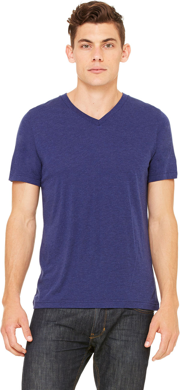 Am image of a Custom Bella and Canvas Unisex Triblend V Neck T Shirt in Navy Triblend!