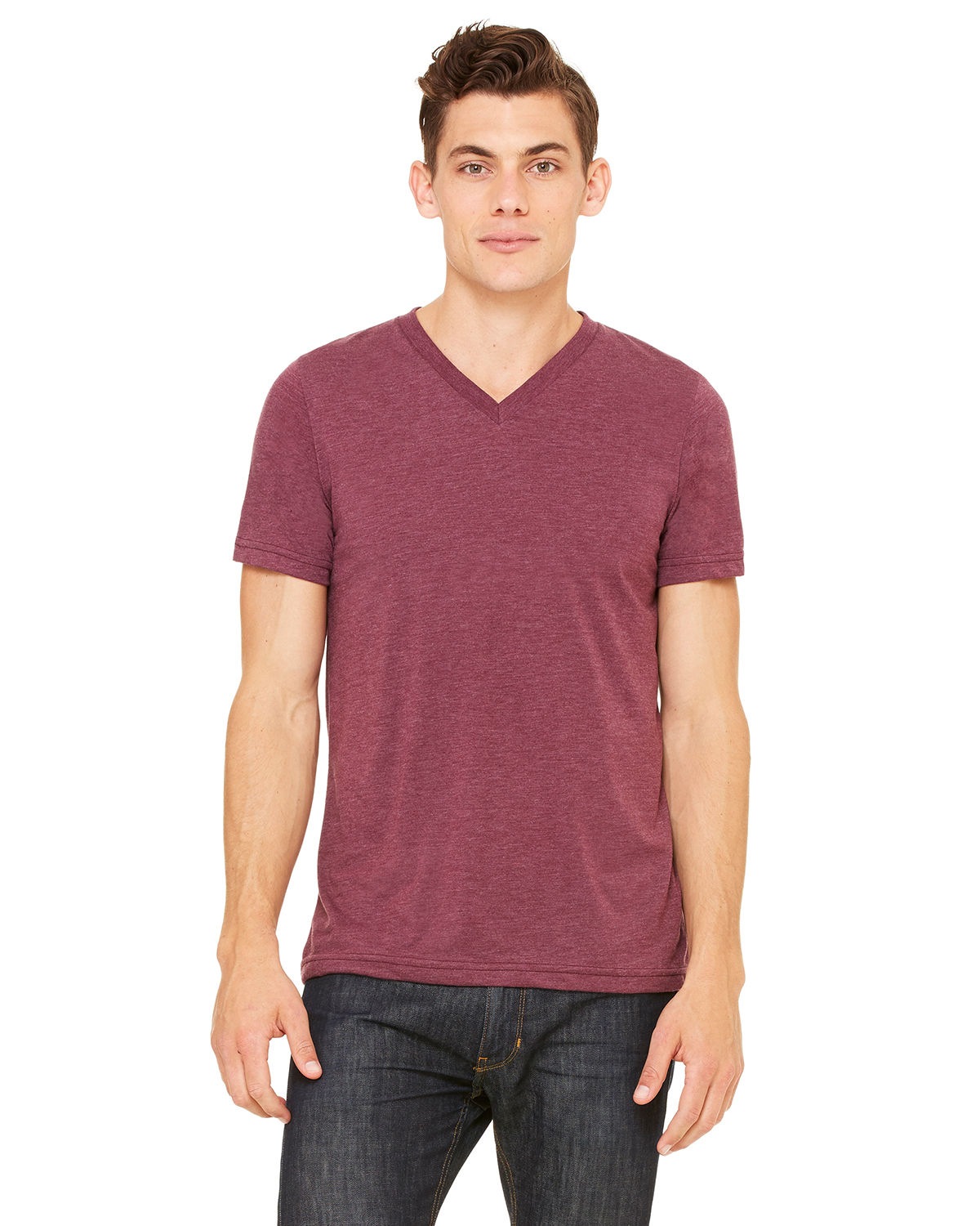 Bella and Canvas Unisex Triblend V Neck T Shirt in Maroon Triblend