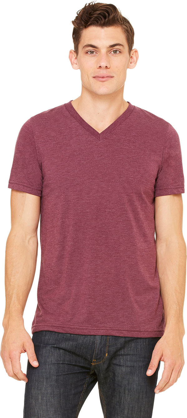 Am image of a Custom Bella and Canvas Unisex Triblend V Neck T Shirt in Maroon Triblend!