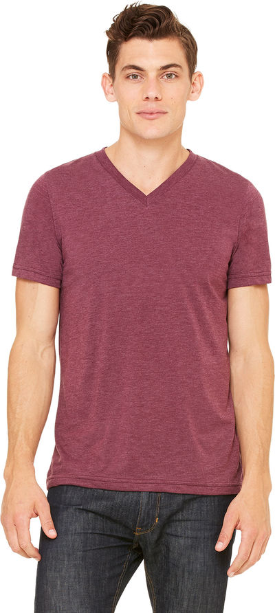 Am image of a Custom Bella and Canvas Unisex Triblend V Neck T Shirt in Maroon Triblend!