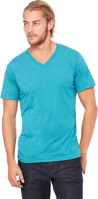 Am image of a Custom Bella and Canvas Unisex Triblend V Neck T Shirt in Teal Triblend!
