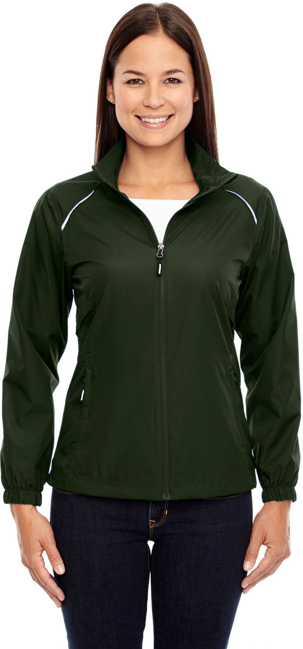 Am image of a Custom Core 365 Motivate Unlined Lightweight Ladies Jacket in Forest!