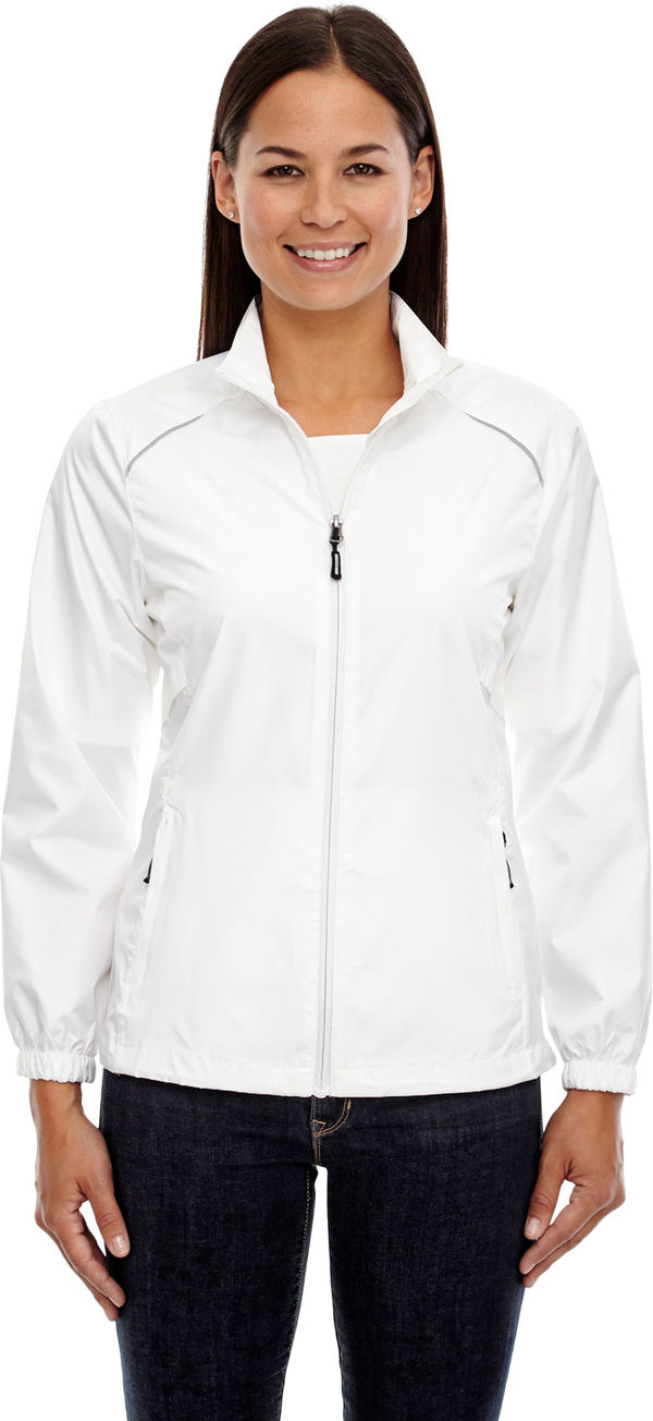 Am image of a Custom Core 365 Motivate Unlined Lightweight Ladies Jacket in White!