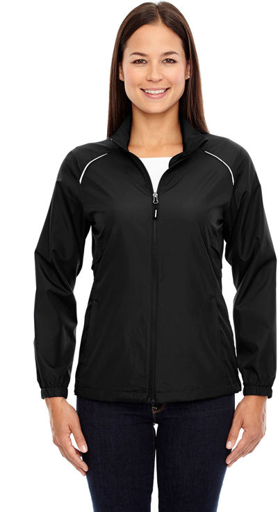 Am image of a Custom Core 365 Motivate Unlined Lightweight Ladies Jacket in Black!