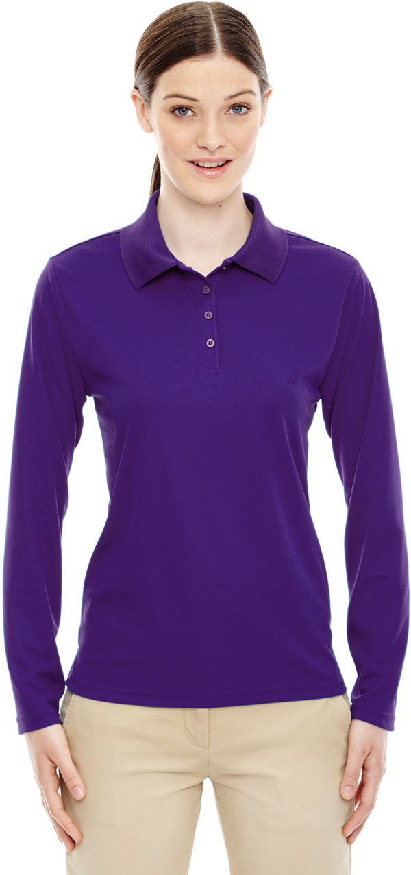 Am image of a Custom Core 365 Ladies' Pinnacle Performance Long Sleeve Pique Polo in Campus Prple 427!