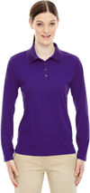 Am image of a Custom Core 365 Ladies' Pinnacle Performance Long Sleeve Pique Polo in Campus Prple 427!