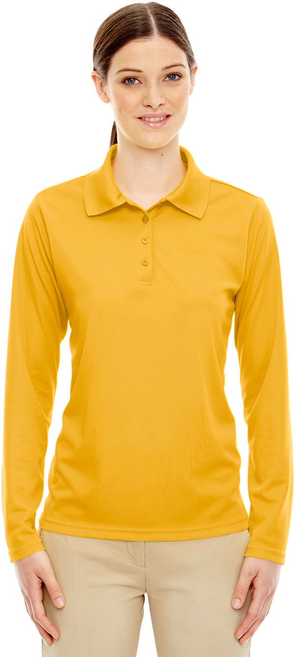 Am image of a Custom Core 365 Ladies' Pinnacle Performance Long Sleeve Pique Polo in Campus Gold 444!