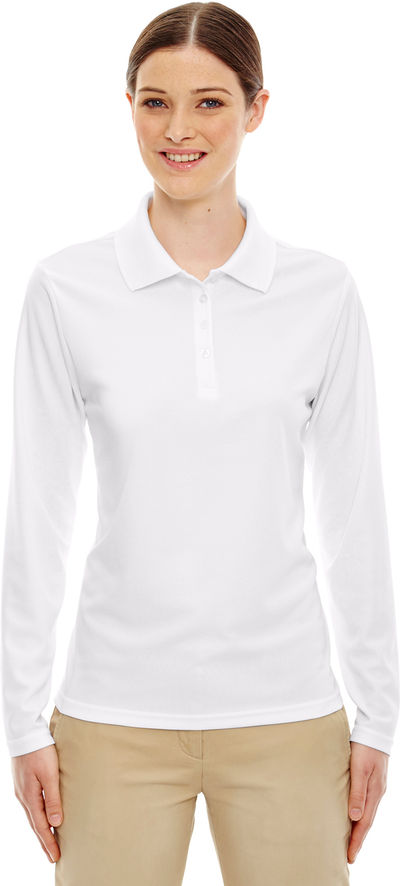 Am image of a Custom Core 365 Ladies' Pinnacle Performance Long Sleeve Pique Polo in White 701!