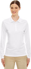 Am image of a Custom Core 365 Ladies' Pinnacle Performance Long Sleeve Pique Polo in White 701!