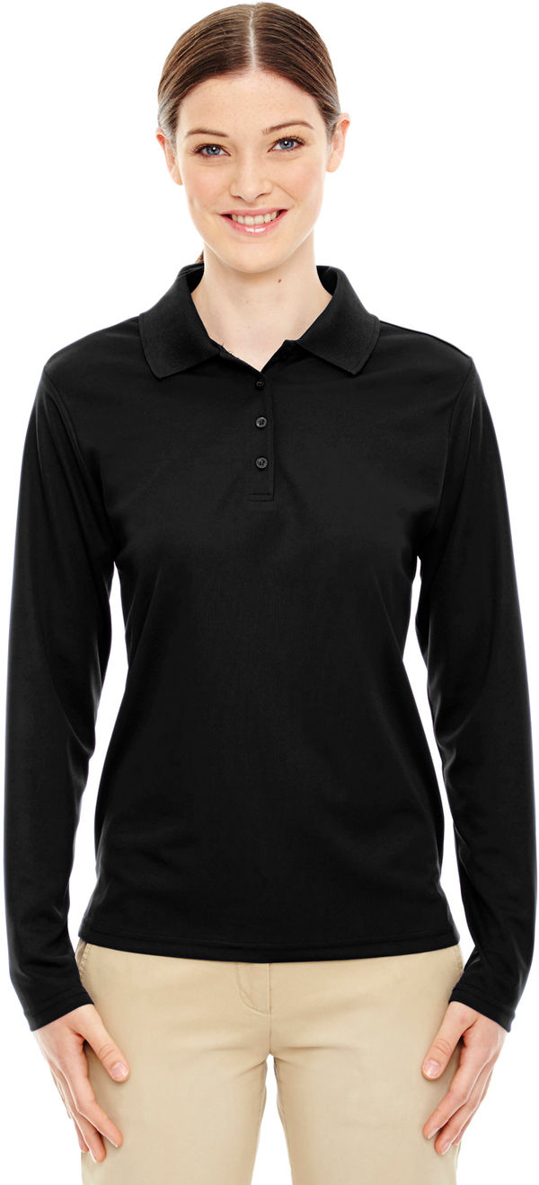 Am image of a Custom Core 365 Ladies' Pinnacle Performance Long Sleeve Pique Polo in Black 703!