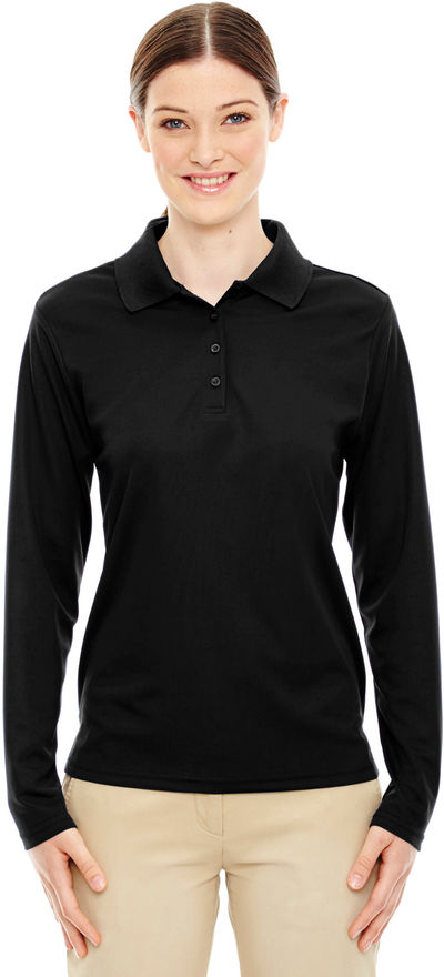 Am image of a Custom Core 365 Ladies' Pinnacle Performance Long Sleeve Pique Polo in Black 703!