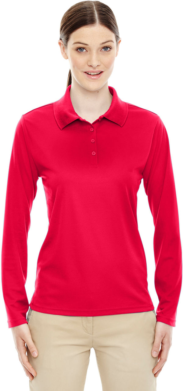 Am image of a Custom Core 365 Ladies' Pinnacle Performance Long Sleeve Pique Polo in Classic Red 850!