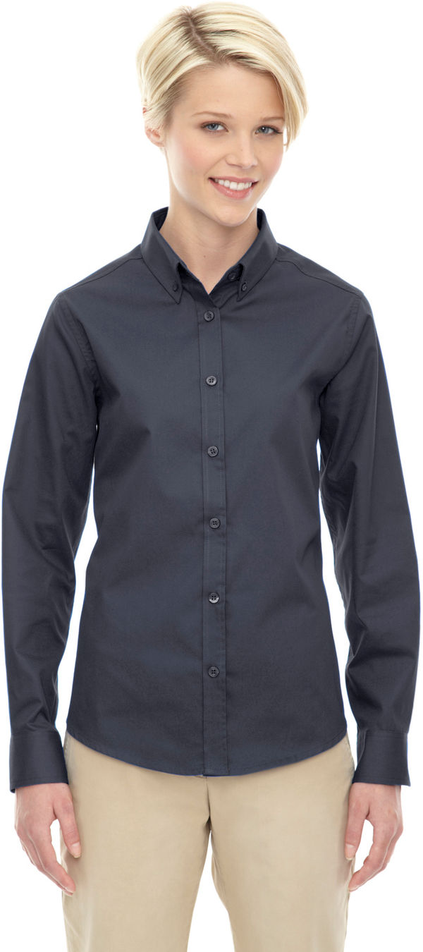 Am image of a Custom Core 365 Ladies' Operate Long Sleeve Twill Shirt in Carbon 456!
