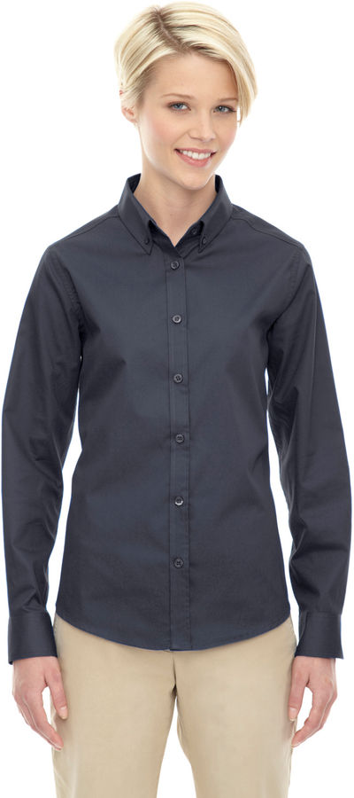 Am image of a Custom Core 365 Ladies' Operate Long Sleeve Twill Shirt in Carbon 456!