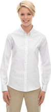 Am image of a Custom Core 365 Ladies' Operate Long Sleeve Twill Shirt in White 701!