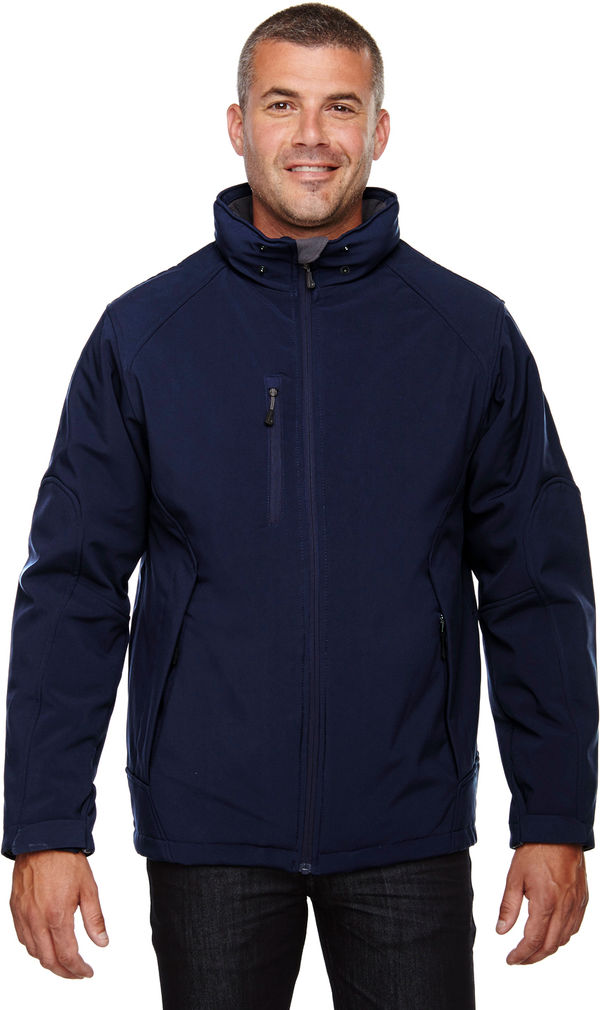 Am image of a Custom North End Men's Glacier Insulated Three Layer Fleece Bonded Soft Shell Jacket with Detachable Hood in Classic Navy!