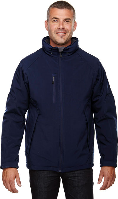 Am image of a Custom North End Men's Glacier Insulated Three Layer Fleece Bonded Soft Shell Jacket with Detachable Hood in Classic Navy!