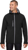 Am image of a Custom North End Men's Prospect Two Layer Fleece Bonded Soft Shell Hooded Jacket in Black!