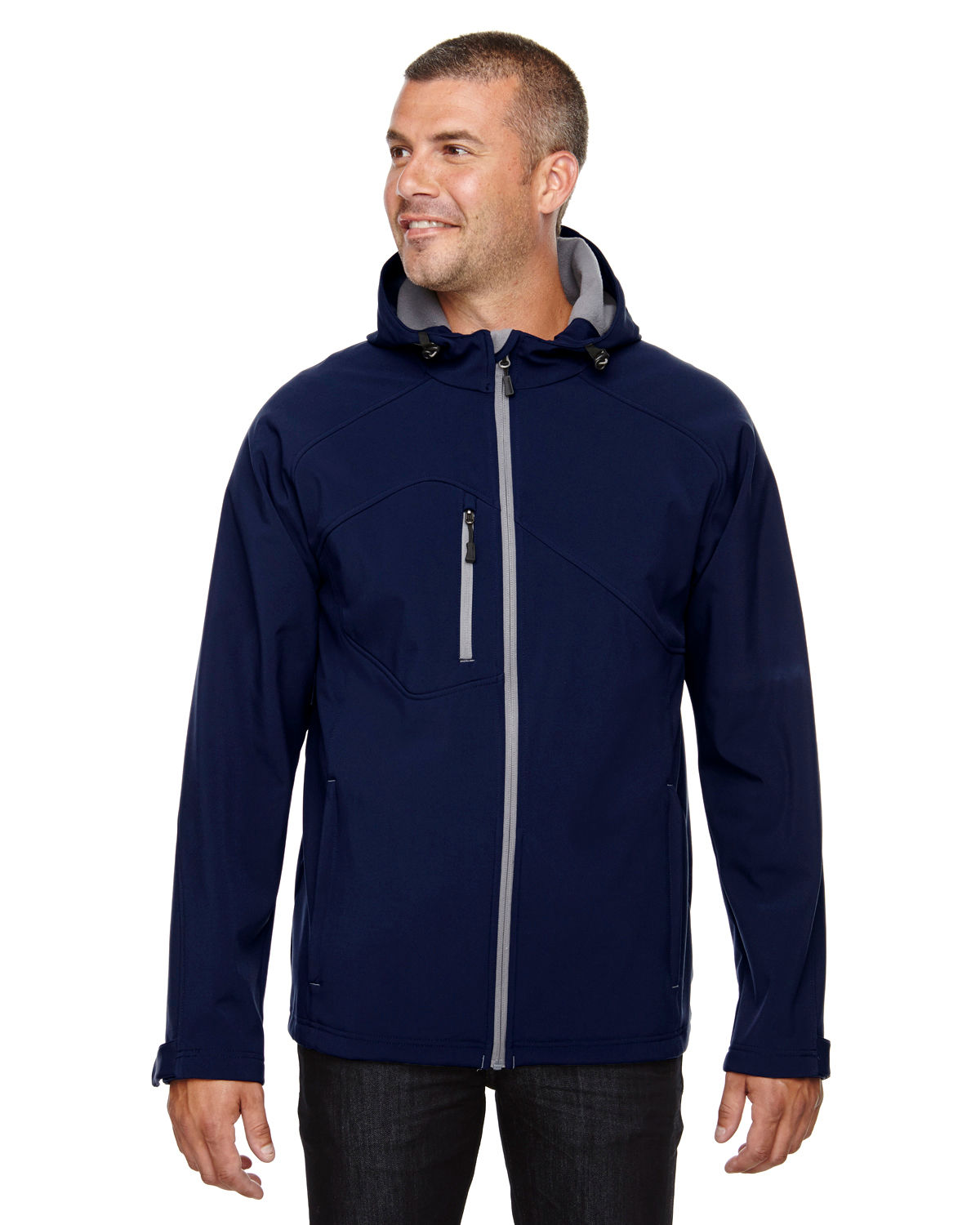 North End Men's Prospect Two Layer Fleece Bonded Soft Shell Hooded Jacket in Classic Navy