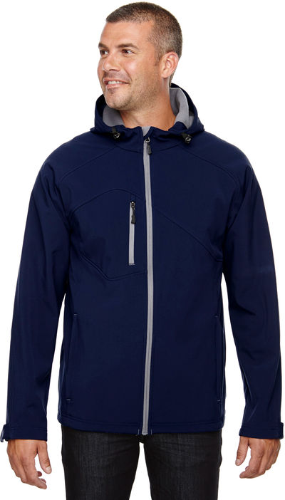 Am image of a Custom North End Men's Prospect Two Layer Fleece Bonded Soft Shell Hooded Jacket in Classic Navy!