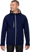 Am image of a Custom North End Men's Prospect Two Layer Fleece Bonded Soft Shell Hooded Jacket in Classic Navy!