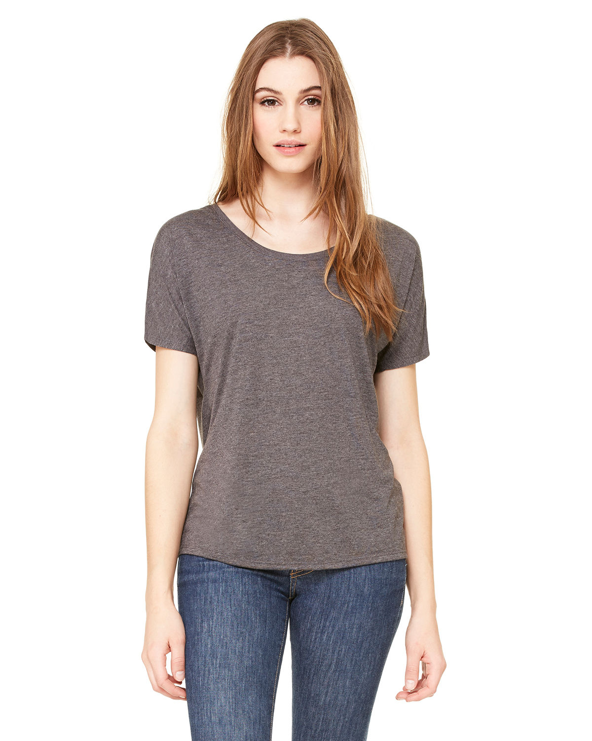 Bella and Canvas Ladies' Slouchy Scoop Neck T Shirt in Drk Grey Heather