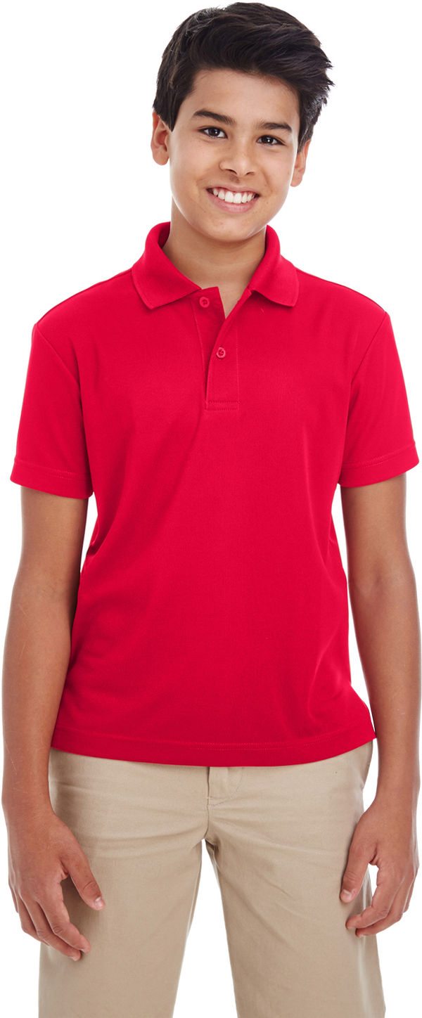 Am image of a Custom Core 365 Youth Origin Performance Pique Polo in Classic Red!