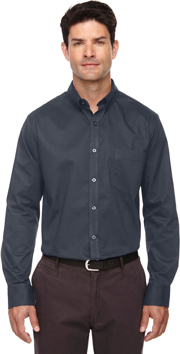 Am image of a Custom Core365 Men's Operate Long Sleeve Twill Shirt in Carbon!