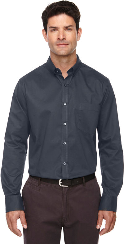 Am image of a Custom Core365 Men's Operate Long Sleeve Twill Shirt in Carbon!