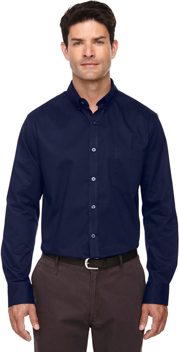 Am image of a Custom Core365 Men's Operate Long Sleeve Twill Shirt in Classic Navy!