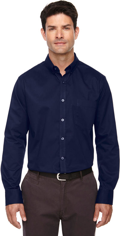 Am image of a Custom Core365 Men's Operate Long Sleeve Twill Shirt in Classic Navy!