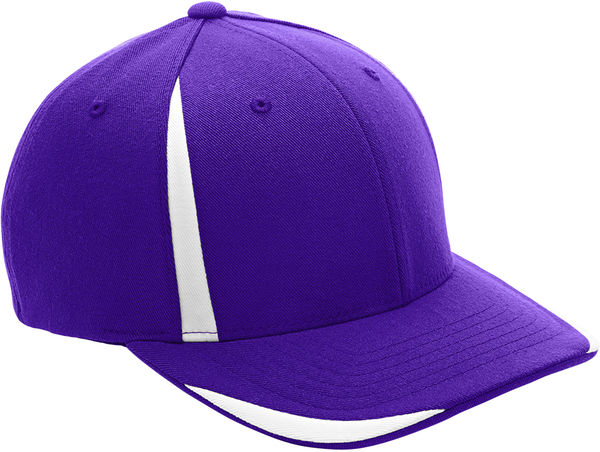 Am image of a Custom Flexfit for Team 365 Pro Formance Front Sweep Cap in Sp Purple/ White!
