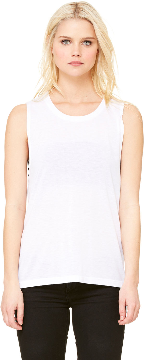 Am image of a Custom Bella and Canvas Ladies' Flowy Scoop Muscle Tank in White!