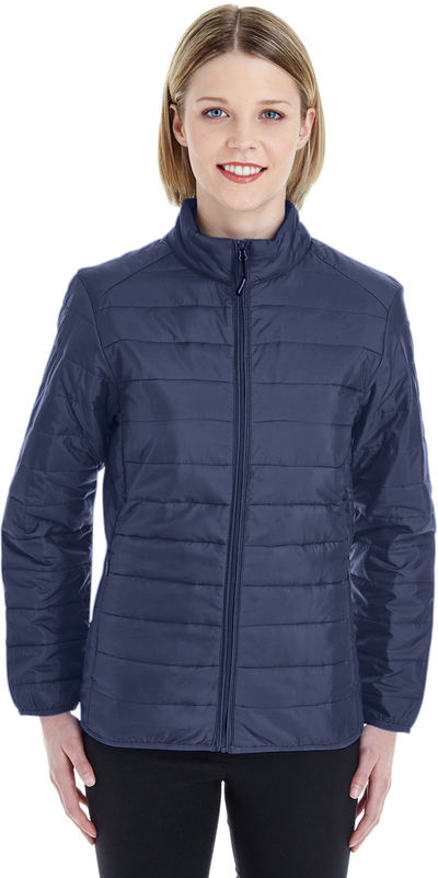Am image of a Custom Core 365 Ladies' Prevail Packable Puffer Jacket in Classic Navy!