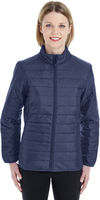 Am image of a Custom Core 365 Ladies' Prevail Packable Puffer Jacket in Classic Navy!