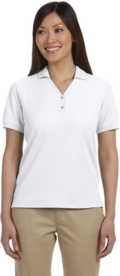 Am image of a Custom Devon & Jones Ladies' Pima Pique Short Sleeve Y Collar Polo in White!