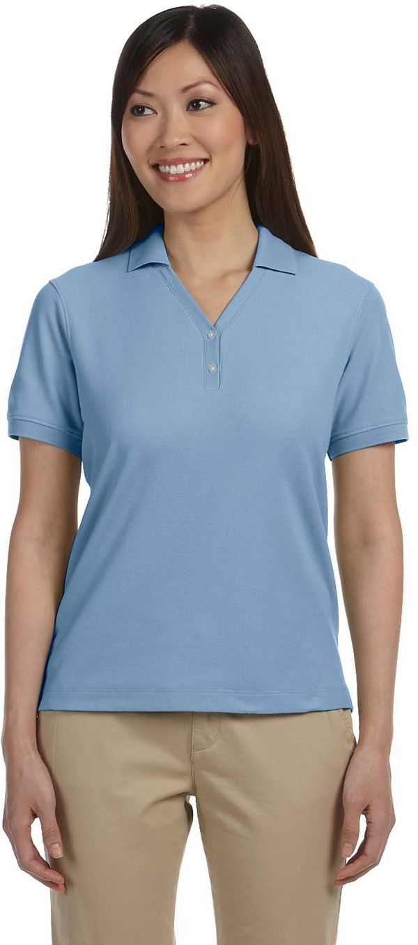 Am image of a Custom Devon & Jones Ladies' Pima Pique Short Sleeve Y Collar Polo in Slate Blue!