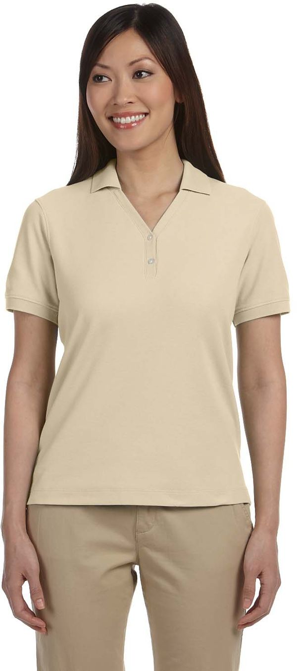 Am image of a Custom Devon & Jones Ladies' Pima Pique Short Sleeve Y Collar Polo in Stone!