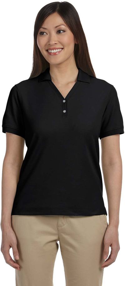 Am image of a Custom Devon & Jones Ladies' Pima Pique Short Sleeve Y Collar Polo in Black!